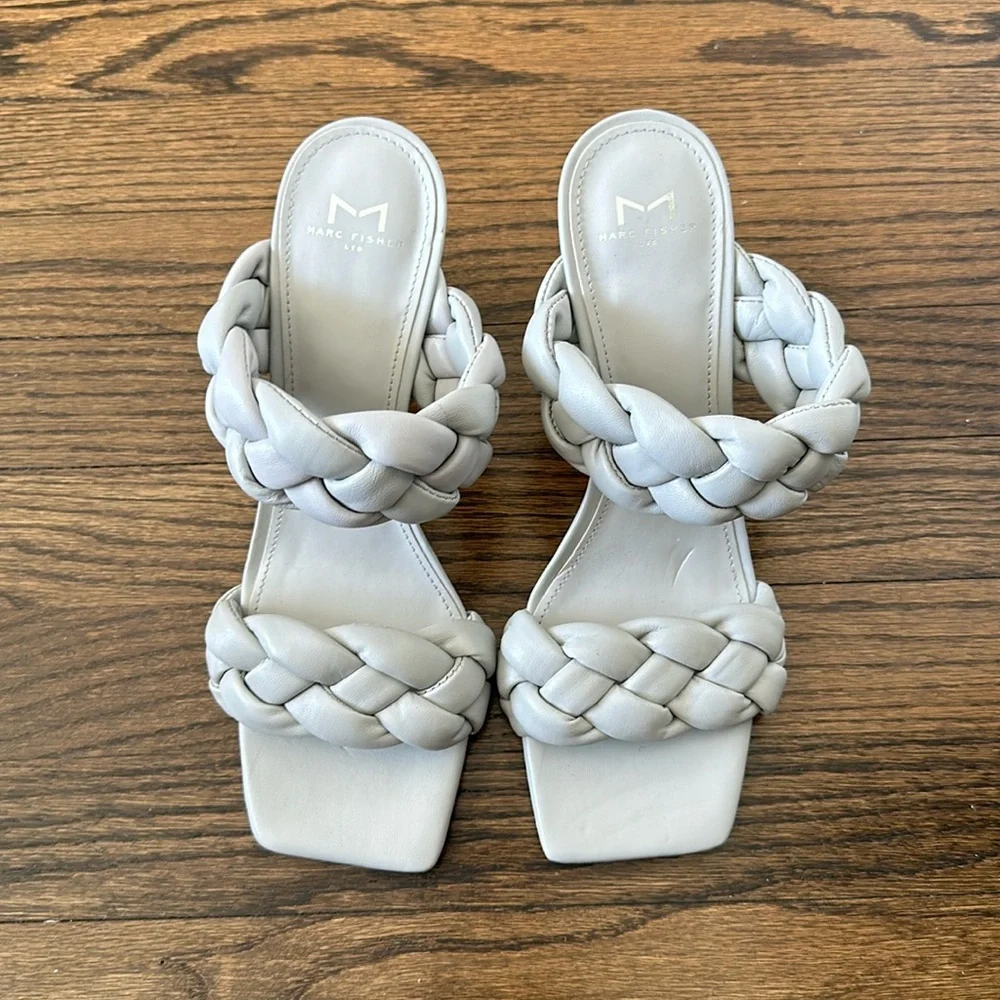 Marc Fisher Gray Hammy Heeled Slide Womens Dress Braided Rope Strap Sandals 10
